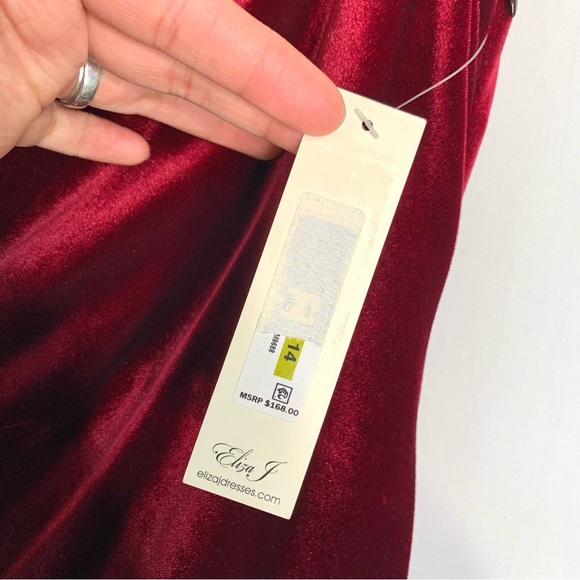 NWT Eliza J Velvet High Low Long Dress Size 14 Burgundy Cowl Neck Drape Rosette - Picture 10 of 15